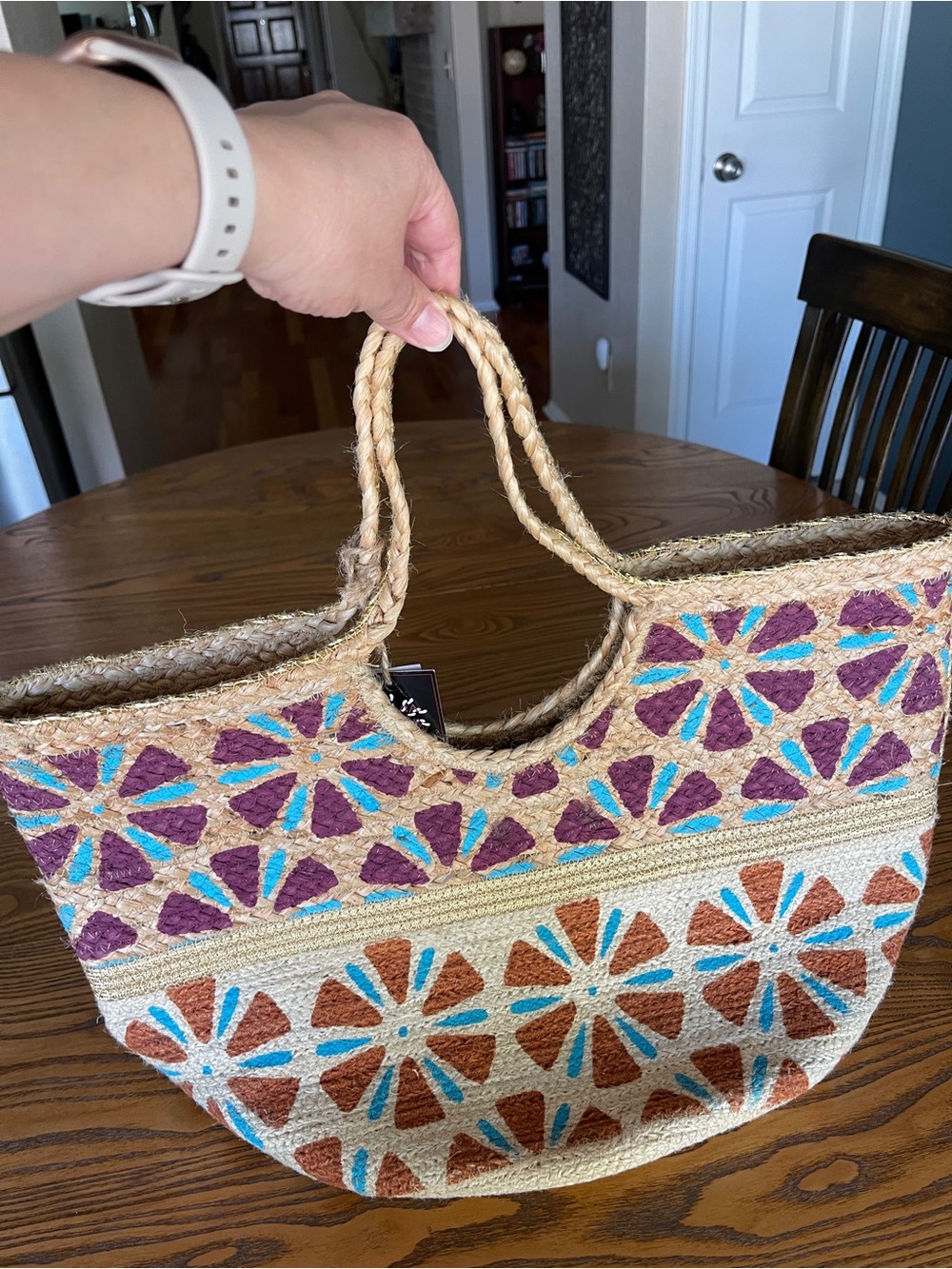 Olivia Miller Straw Tote with Purple, Blue & Brown Floral Motif